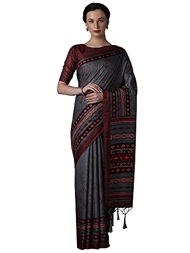 Image of AKHILAM Silk Blend Women Casual Pashmina Silk Abstract Printed Saree With Unstitched Blouse Piece(Grey 4Ksmra4 Parent)