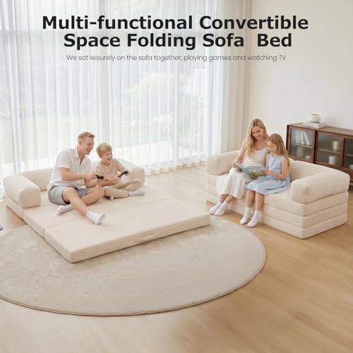Image of Convertible Sofa Bed, Tri-Fold Foldable Mattress with Removable Arms & Washable Cover, Portable Mattress Futon Sofa Bed, No Assembly Required & Non-Slip, Queen Size, Beige