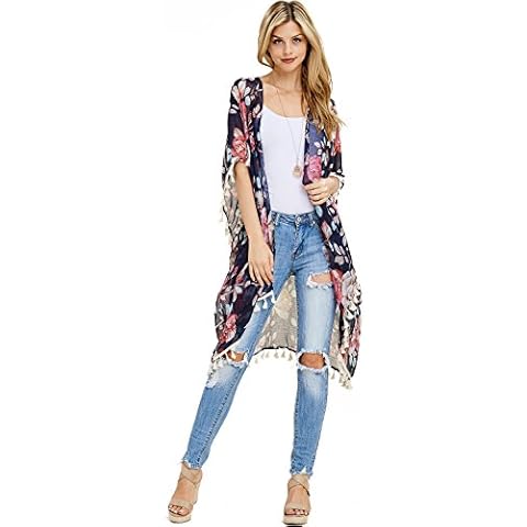 Lightweight Open Shawl Cardigan - Kimono Poncho, Sheer Beach Swim Cover-Up Vest Floral Tassel (English Rose - Navy) Cover