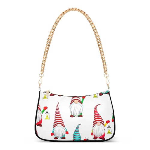 Zipper Party Dressy Purse Hobo Cute Christmas Gnomes White Handbag Medium Women Aesthetic Shoulder Bag with Chain Strap