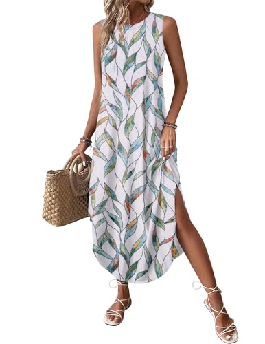 Image of Zeagoo Women Floral Summer Casual Beach Printed Tank Dress with Pockets Pleated Front Long Dress