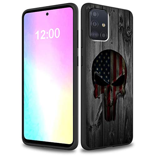 for Samsung Galaxy A71 5G Case (Not for 4G), Soft Liquid Silicone Rubber Full Body Shockproof Slim Microfiber Lining Anti-Scratch Protection Phone Case for Samsung A71 5G,American Flag Skull on Wood