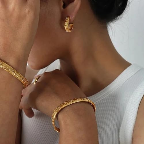 Vhh Store Waterproof Gold Plated Engraved Sun Star Moon Cuff Bracelet Ring Earrings Set Women Celestial Jewelry Stainless Steel thumb #2