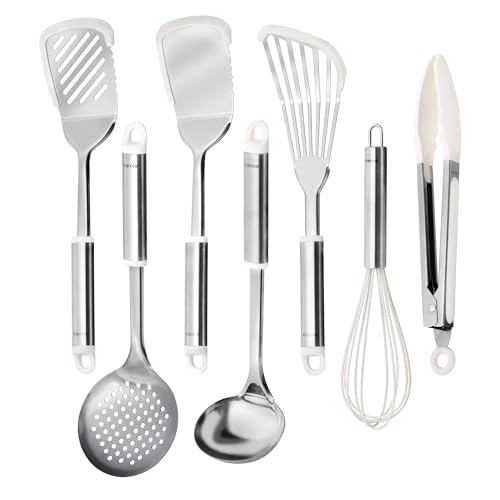 CAROTE 7PCS Stainless Steel Cooking Utensils Set, Kitchen Tools for Stainless Steel Pots and Pans with Silicone High Temperature Resistance Dishwasher Safe