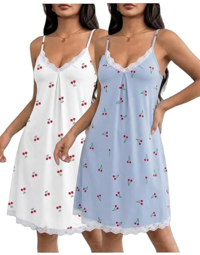Ekouaer 2 Pack Nighties for Women Lace Trims Chemise Nightdresses V Neck Cherry White+Blue L