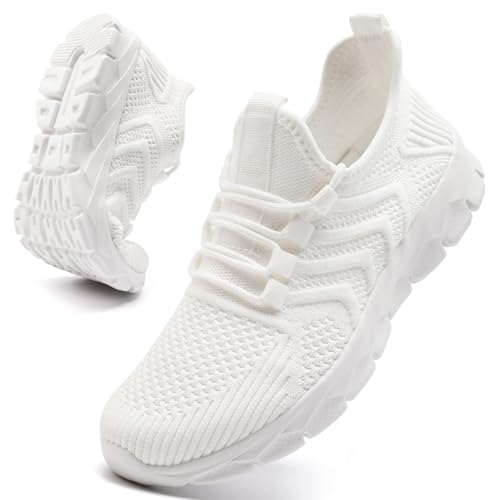 ZGPWZWL White Sneakers for Women Men Tennis Shoes Running Sneaker Gym Walking Slip On Workout Jogging Lightweight Breathable Fashion Athletic Shoes White Size Women 13/ Men 12