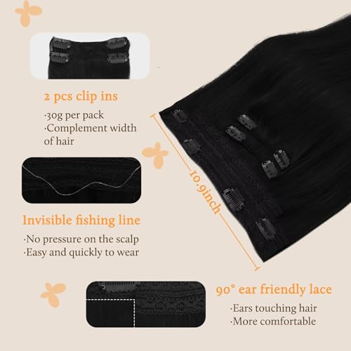 Image of DOORES Wire Hair Extensions, Jet Black 14 Inch 75g Fish Line Weft Extensions and 2pcs 30g Clip ins, 105g Invisible Wire Real Remy Human Weft Straight Transparent Seamless Hairpiece