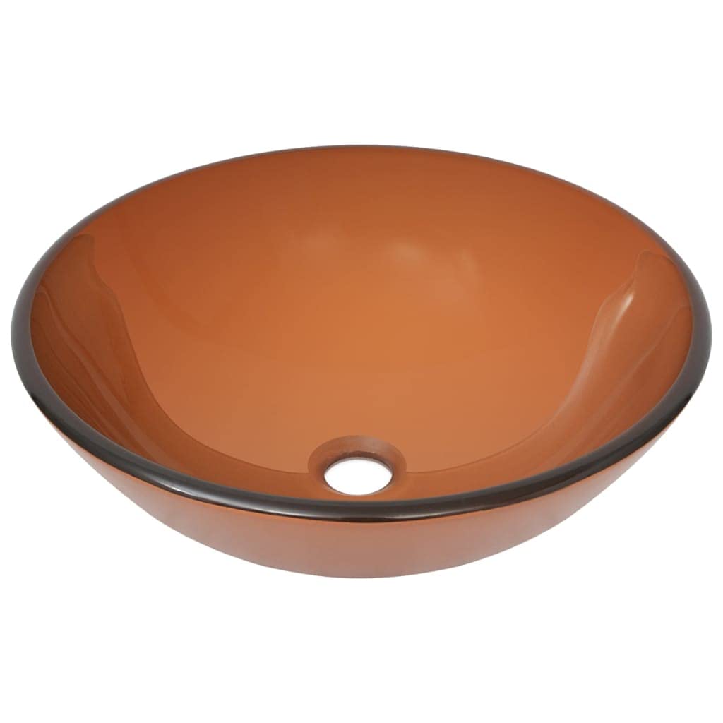 Aufsatzwaschbecken aus gehärtetem Glas mit Wasserhahn und Push Ablaufgarnitur Braun Chrom, rund 42 x 13 cm, 1 Waschbecken für Bad Gäste WC, moderne Armatur mit Pop Up Ablauf