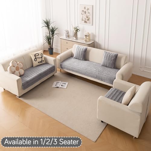 Image of HOKIPO 'Plush Haven' Premium Anti-Slip Sofa Cover Mat for 2 Seater Sofa | Soft Fluffy Plush Fabric, Light Grey (AR-5033-LGRY*1)