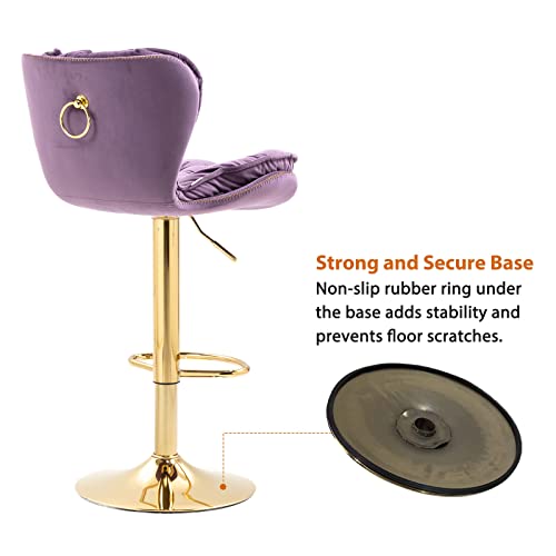 Kivenjaja Velvet Tufted Bar Stools Set Of 2, Modern Height Adjustable Swivel Barstools Counter Chairs With Back & Gold Metal Base For Pub, Kitchen, Cafe (Purple) #TOP5