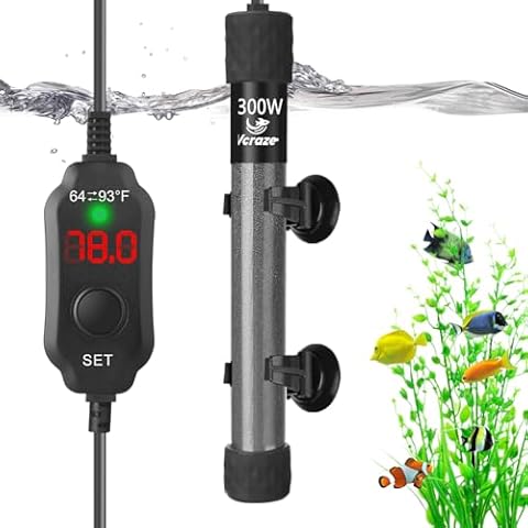 VCRAZE Super Compact 300W Fish Tank Heater, Submersible Aquarium Heater with LED Digital Display Thermostat, Adjustable Fish Heater for 40-60 Gallon Tanks Cover