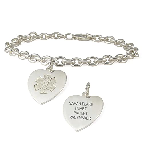 American Medical ID – Sterling Silver Heart Charm Embossed Medical ID Bracelet, for 5.5