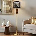 Oneach 63.75" Floor Lamp for Living Room, Modern Gold Lamp with LED Leopard Glass Night Light, Vintage Standing Lamp, Black Lampshade, Unique Luxury Tall Lamp for Bedroom Home Office(Bulb Included)