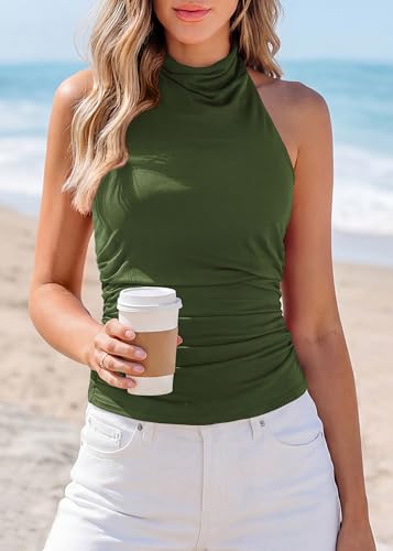 KIRUNDO Tank Tops for Women 2026 Dressy Halter Cowl Neck Backless Summer Clothes Casual Fitted Going Out Mesh Beach Outfits(Army Green, Medium) — view 2