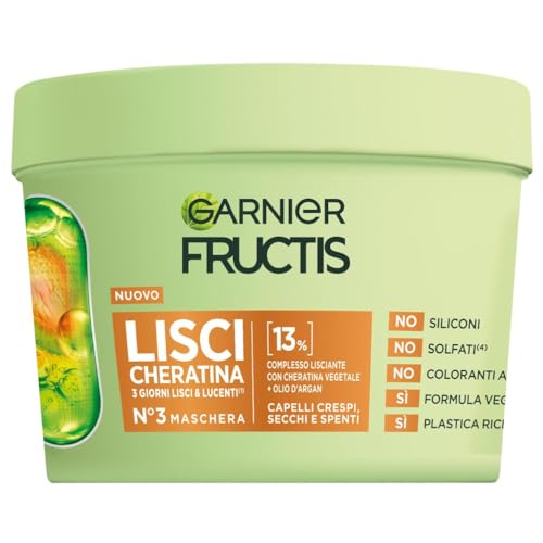 Garnier Fructis Maschera, Per Capelli Lisci e Lucenti a Lungo, Effetto Anti-Crespo, Trattamento Lisciante alla Cheratina Vegetale e Olio di Argan, Lisci Cheratina, 370 ml