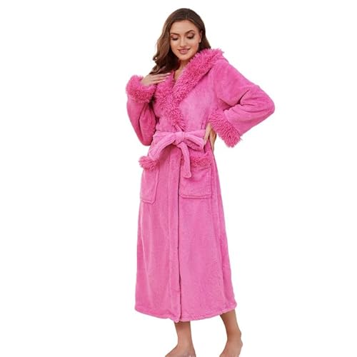 LYCY Damen Kapuzen Plüsch Bademantel lang, flauschiger Rand Bademantel weiche warme Fleece für Frauen flauschig niedlich Spa Robe (Rosarot, 2XL/3XL)