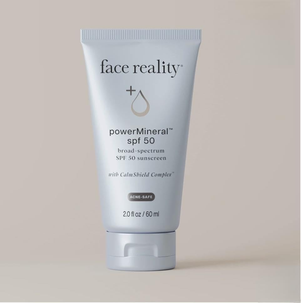 Face Reality PowerMineral SPF 50 Broad-Spectrum Mineral Sunscreen - Acne-Safe Facial Moisturizer with CalmShield Complex, 2 fl oz / 60 ml