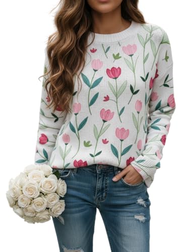 Women's Cozy Pink Tulip Floral Print Knit Sweater, Cute Oversized