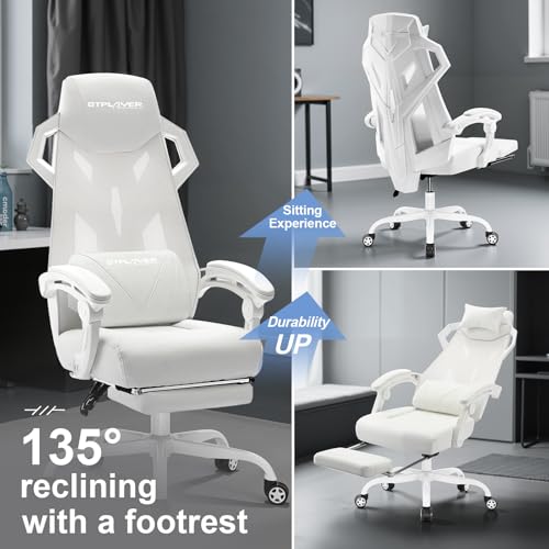 GTPLAYER Gaming Chair, Computer Chair with Mesh Back, Ergonomic Game Chair with Footrest, Reclining Game Chair with Adjustable Headrest and Lumbar Support for Gaming and Office (White) - Image 4