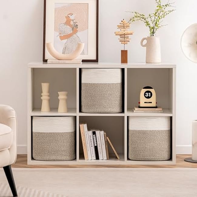 joybest Cube Storage Bins Set of 4, 11inch Cube Baskets Organizer for Nursery, Square Cotton Rope Baskets for Shelves Organizing, Kids Toy, Closet Storage, Brown and Cream White