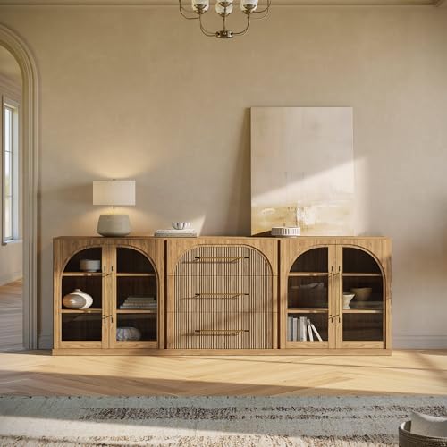 BELLEZE 3-Piece Modular Sideboard Set Freely Configurable, 2 Arched Glass Door Cabinets and 1 Drawer Buffet Cabinet with Storage, 97'' Modern Credenza