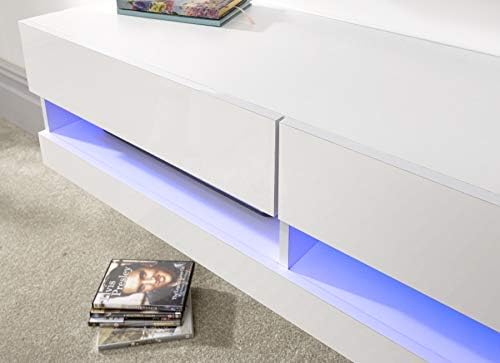 Home Source LED Wall Mounted TV Unit with High Gloss Finish, White, Two Storage Shelves