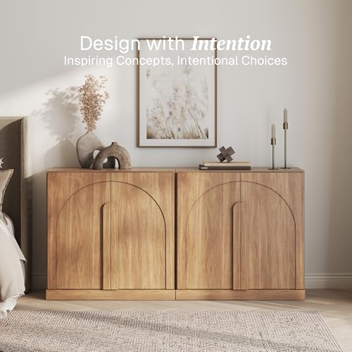 Image of BELLEZE Set of 2 Modern Buffet Cabinets (63 inch Wide)-Large Sideboard Credenza with Arched Doors-Seamless Hidden Storage Console for Kitchen & Living Area-Camel