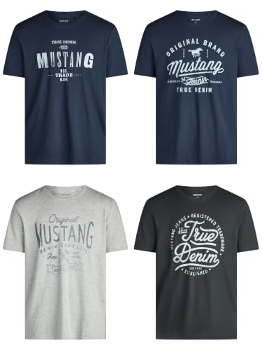 MUSTANG Tshirt Herren Baumwolle Regular Fit 4er Pack Set Rundhals Kurzarm Sommer Tee Shirt Logoprint Größe:M Farbe:Farbmix (P11)