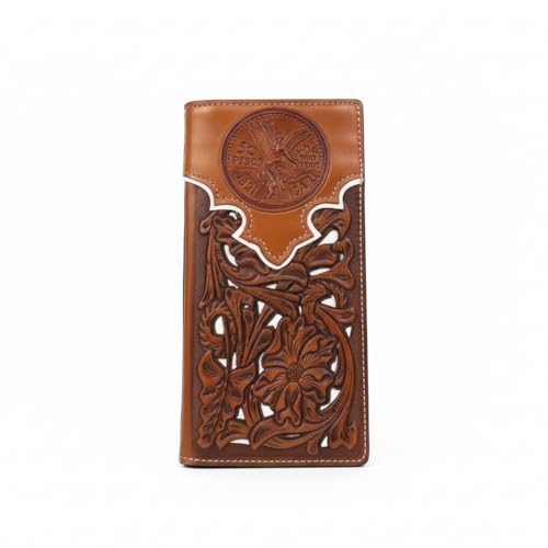 Western Stakes Men’s Long Leather Wallet – Floral Laser Cut Rodeo Bifold with Embossed Mexico 50 Peso Coin Design – Western Vaquero Checkbook Wallet for Cowboys & Latino Gifts
