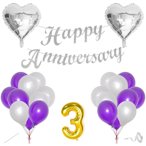 Image of Flyloons 3rd Happy Anniversary Decoration Items Purple for Men Women Husband Wife Mom Dad Parent Couple Home Bedroom Car With 20 Pcs Metallic Balloons Anniversary Banner 2 Pcs Heart Set Kit