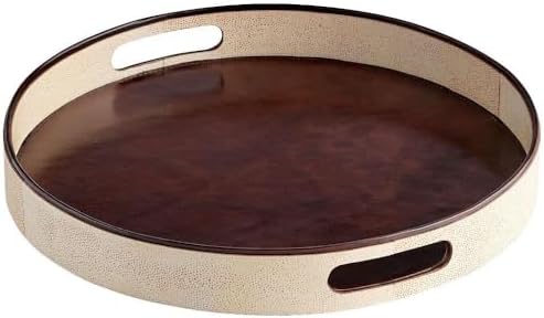 Cyan Design 10183 Large Marriot Wood and Leather Tray - Decorative Centerpiece for Home, Office, Wedding Tray with Beige and Brown Finish - 2'' Tall