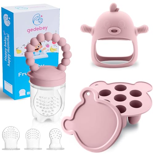 Image of Baby Fruit Feeder & Breastmilk Popsicle Mold Set – 3 Pack Silicone Teething Relief Kit with Food Feeder Pacifier, Freezer Tray with Lid & Baby Teether Toy (Blush)