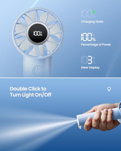 Image of Gaiatop Mini Handheld Fan, 10-100 High Speed Personal Portable Fan, 4000mah Battery Rechargeable Fan with LED Digital Display Small Desk Fan for Office Travel Camping (Sky blue) | LED Display, Metal Buckle, Ultra Quiet, Lightweight, Personal Cooling Gifts for Women Men, Indoor Outdoor Travel Blue