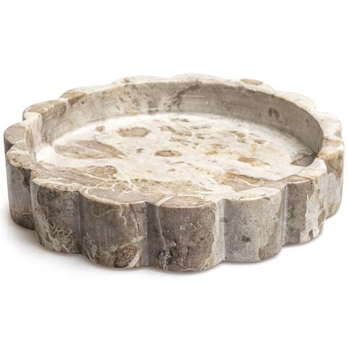 Beige Scalloped Marble Tray - 8 Inch Round Stone Vanity Tray for Perfume & Jewelry Marble Dish for Bathroom Countertop & Kitchen Counter Brown Decorative Tray for Bathroom & Kitchen Modern Catchall