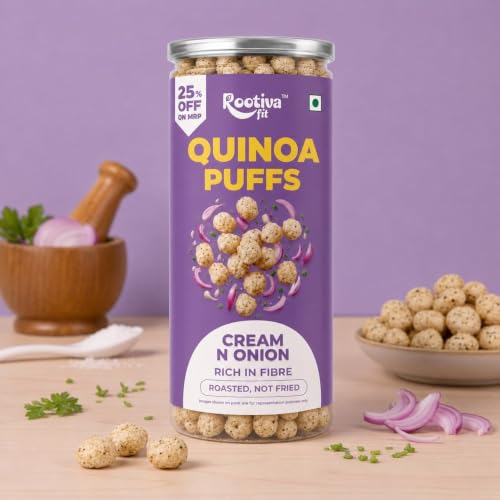 Image of ROOTIVAFIT Quinoa Puffs Cream & Onion Flavour, Roasted Not Fried, Rich in Fibre, Ready-to-Eat Snack, 80 g, Pack of 2