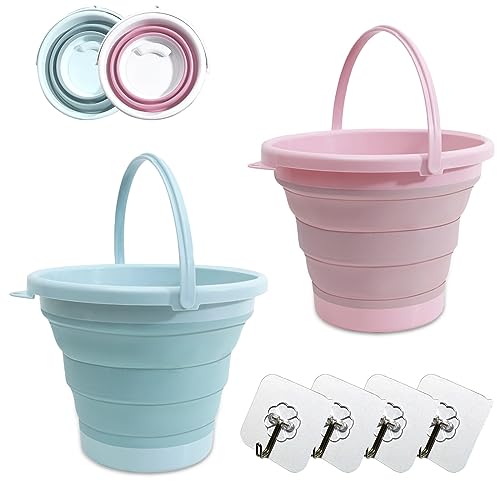 2 cubos plegables: cubo plegable de silicona de 5 l, cubo de arena para niños, plegable, cubo de agua para el hogar para camping, mochilero, pesca, limpieza, cocina, con 4 ganchos adhesivos