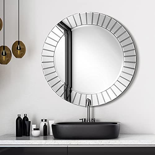 Empire Art Direct Modern Beveled Round Wall Mirror For Vanity & Bathroom, Solid Wood Frame, 0.75"-Beveled Center, Ready To Hang, 32" X 32", Clear #TOP3