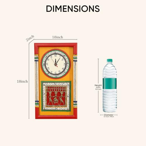 Image of AAKRITI ART CREATIONS Wall Clock Handcrafted Warli Art Yellow Dial with Glass Frame Red, Yellow | Wall Clock for Home, Home Decoration | Lightweight Wooden wall Decor | Matte Finish