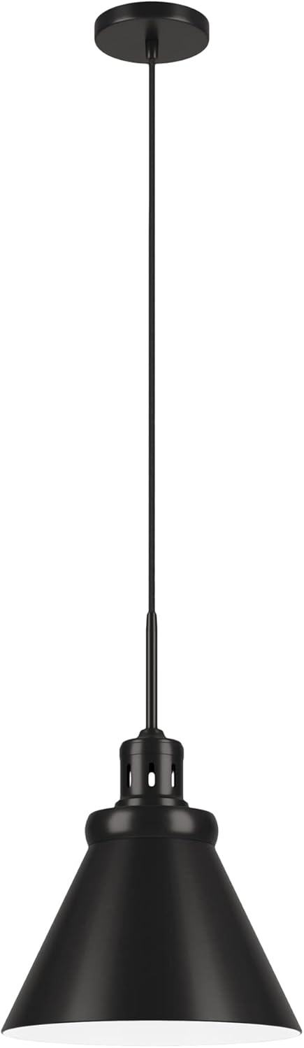 Henn&Hart 12" Industrial Dimmable Pendant Light Fixture with Black Metal Cone Shade and 8' Adjustable Cord for Kitchen Island, Dining Room or Game Room, Black