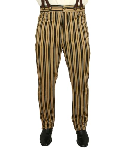 Historical Emporium Men's High Waist Placerville Cotton Striped Trousers, Victorian Western Pants with Suspender Buttons