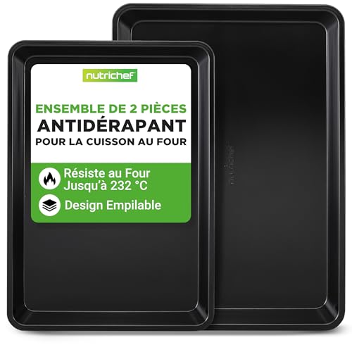 Nutrichef Ensemble de Plaque à Biscuits - Plaques de Cuisson Antiadhésives pour Four - Ensemble de 2 Pièces de Plateau Four - Taille Grande et Moyenne - Empilables et Durables - Noires
