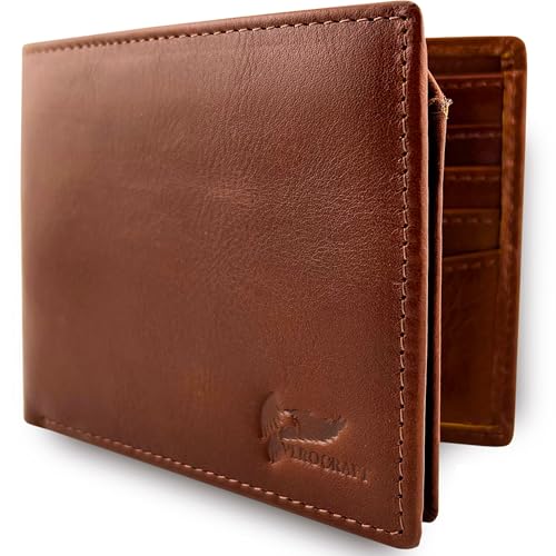 Full Grain Leather Wallet for Men - Mens Bifold Wallet RFID Blocking with Extra Capacity 10 Cards Slots with 2 ID Windows - Minimalist Mens Billfold Wallet - Mens Slim Wallet with Gift Box - Brown