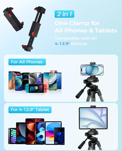 67\" Phone Tripod, MACTREM Tripod Stand for iPad iPhone Tablet Camera with 2 in 1 Mount & Wireless Remote, Aluminum Extendable iPhone Tripod for Video Recording/Selfies/Live Stream/Vlogging (Grey)