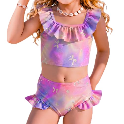 Image of Xaatren Toddler Girl Swimsuits 2 Piece Kids Ruffle Trim Bathing Suit with Adjustable Strap Summer Cute Tankini for 2-8 Years
