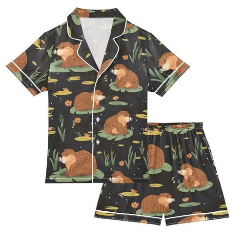 ALAZA Beaver Leaf Blossom Satin Pajamas Set Short Sleeve Button Down Sleepwear Summer Pjs 2 Piece