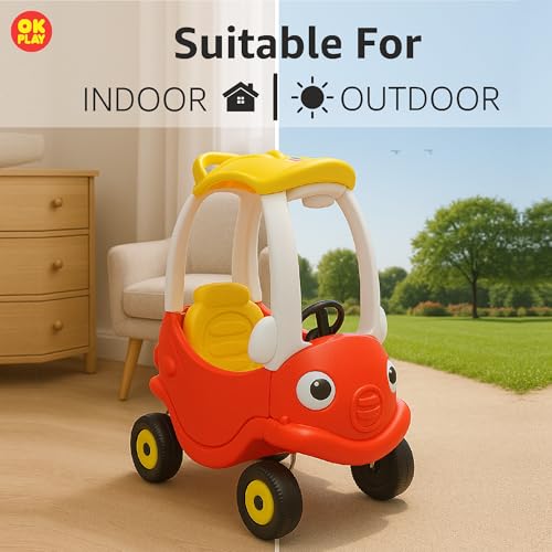 Image of OK Play Mister Cozy Coupe Ride On Car for Kids | Four Wheel Push On Ride | footrest Support | Backrest | Easy Grip | Horn | Assembled Coupe Car | Indoor Outdoor Ride | Safe & Fun Activity Toy
