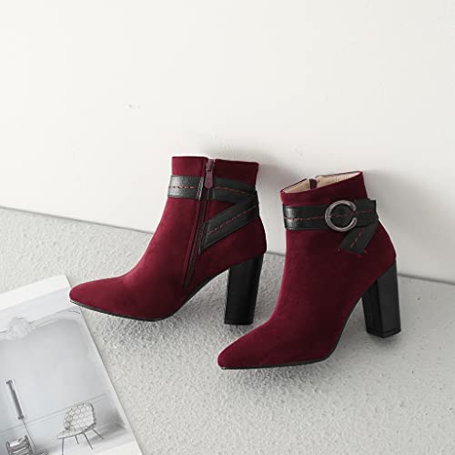 MIOKE Women's Round Toe Dressy Ankle Boots Casual Buckle Zipper Chunky Block Mid Heel Dressy Short Booties3