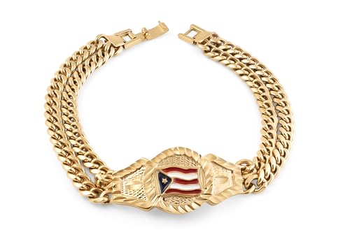 Puerto Rican Flag Double Chain Bracelet, 14k Gold Plated, No Fade, Men's Fashion Jewelry