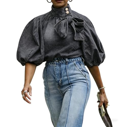 Women's Bow Design Denim Pullover Top Button Up Mock Neck