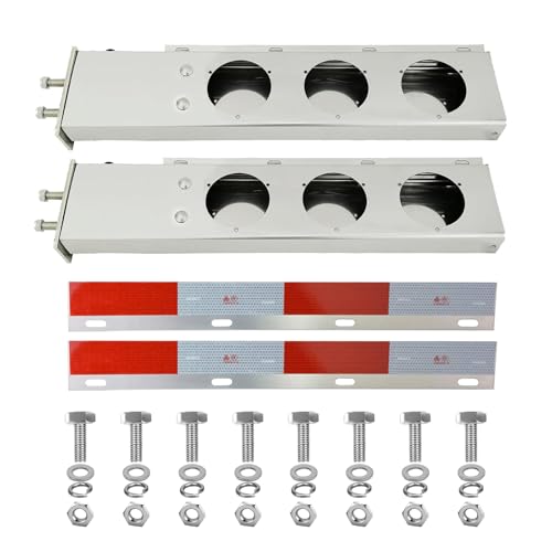 Image of Stainless Steel Mud Flap Hanger Set 2-1 /2 inch Bolt Spacing 30 inch Length Rear Bar with Light Cutouts for Semi Trucks, 2.5 inch Bolt Spring Loaded with Aluminum Reflective Tapes (Circle Light Cutouts)